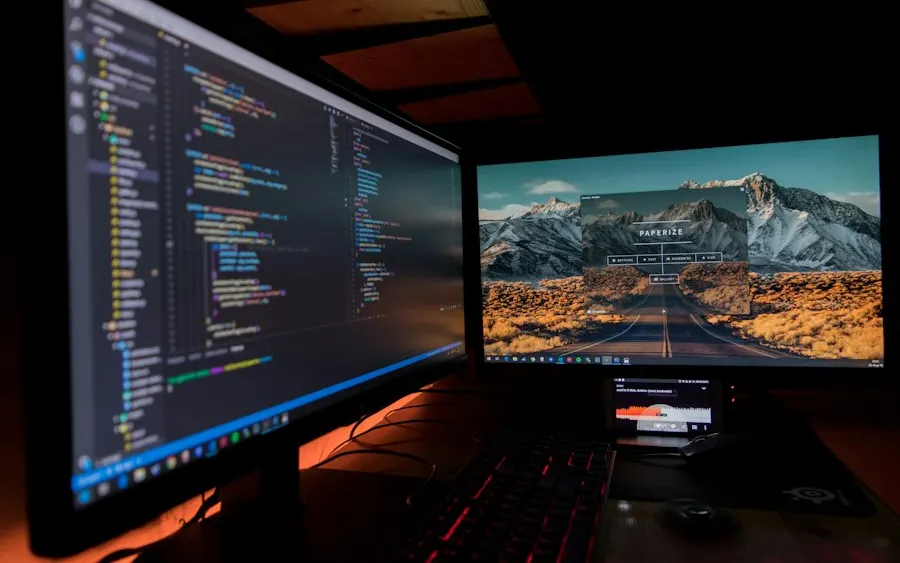 Two monitors showing a test environment